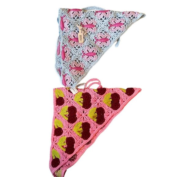 Asos Design Crochet Summer Blue Pink Butterfly Cherry Cottagecore Headscarf - Picture 2 of 2